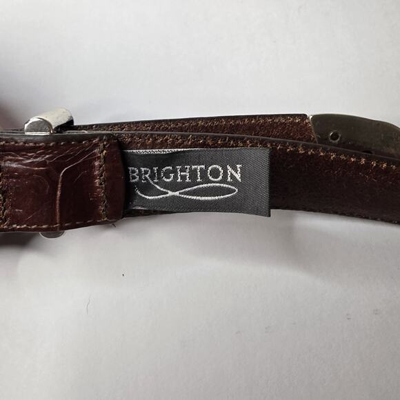 VTG Brighton Y2K Brown Croc Embossed Leather Belt 2X Ornate Scroll Buckle Silver
